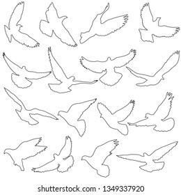 Concept of love or peace. Set silhouettes doves.