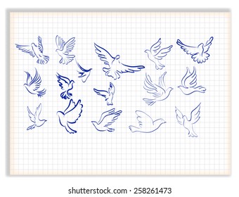 Concept of love or peace. Set of white vector doves.