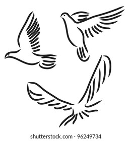 Concept of love or peace. Set of white vector doves.