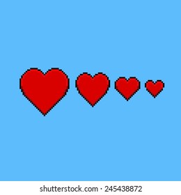 Concept of love, pixel red hearts from bigger to smaller