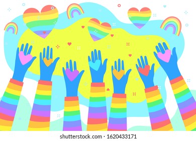 Concept of love. Rainbow hands hold rainbow heart. Gay marriage. LGBT. Valentine day. Love and relationship. Flat design, vector illustration.