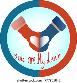 The concept of love and relationship is one mittens for two. Red and blue mittens for two as a symbol of hetero-relationships, sympathy for men and women. Inscription you are my love