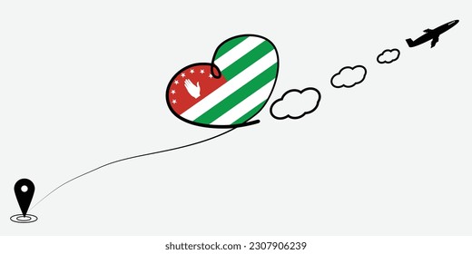 Concept love travel in Abkhazia. Airplane line path of airplane flight route with start point icon. Abkhazia flag in heart.