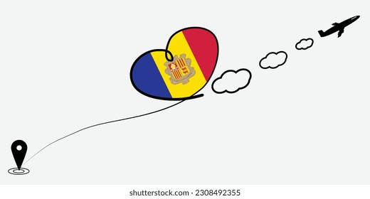Concept love travel in Andorra. Airplane line path of airplane flight route with start point icon. Andorra flag in heart.