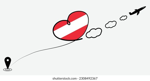 Concept love travel in Austria. Airplane line path of airplane flight route with start point icon. Austria flag in heart.