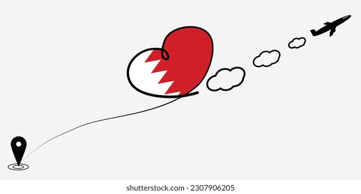 Concept love travel in Bahrain. Airplane line path of airplane flight route with start point icon. Bahrain flag in heart.