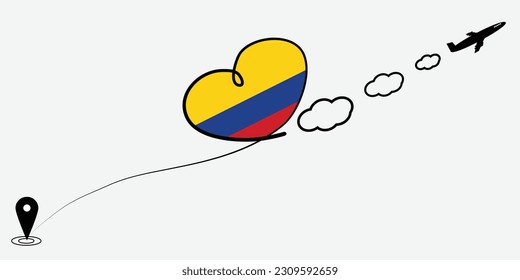 Concept love travel in Colombia. Airplane line path of airplane flight route with start point icon. Colombia flag in heart.