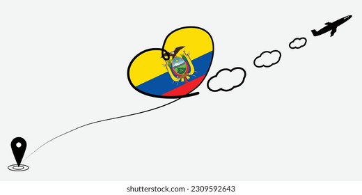 Concept love travel in Ecuador. Airplane line path of airplane flight route with start point icon. Ecuador flag in heart.