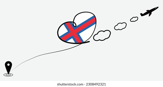 Concept love travel in Faroe Islands. Airplane line path of airplane flight route with start point icon. Faroe Islands flag in heart.