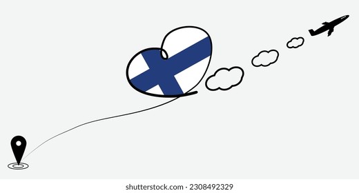 Concept love travel in Finland. Airplane line path of airplane flight route with start point icon. Finland flag in heart.