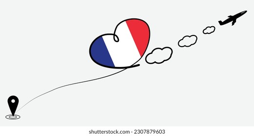 Concept love travel in France. Airplane line path of airplane flight route with start point icon. France flag in heart.