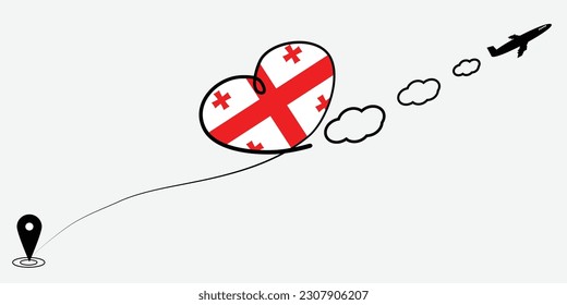 Concept love travel in Georgia. Airplane line path of airplane flight route with start point icon. Georgia flag in heart.