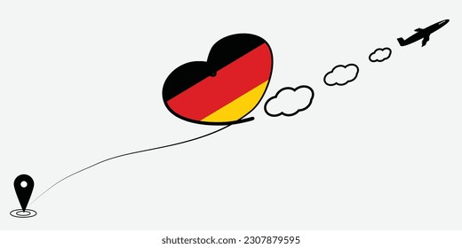 Concept love travel in Germany. Airplane line path of airplane flight route with start point icon. Germany flag in heart.