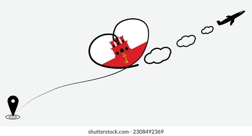 Concept love travel in Gibraltar. Airplane line path of airplane flight route with start point icon. Gibraltar flag in heart.