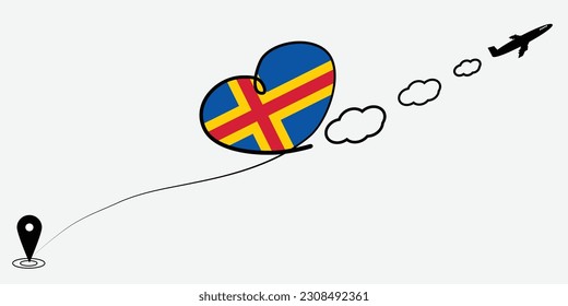 Concept love travel in Åland Islands. Airplane line path of airplane flight route with start point icon. Åland Islands flag in heart.