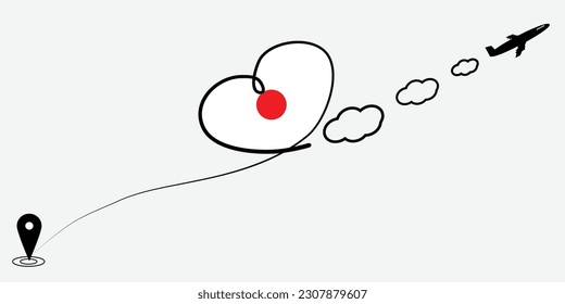 Concept love travel in Japan. Airplane line path of airplane flight route with start point icon. Japan flag in heart.