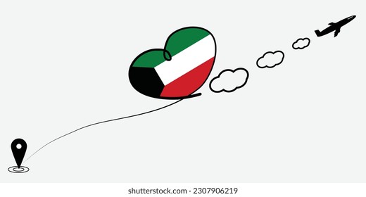 Concept love travel in Kuwait. Airplane line path of airplane flight route with start point icon. Kuwait flag in heart.