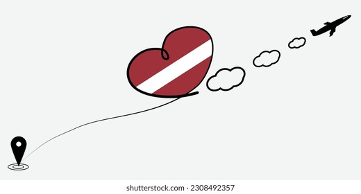 Concept love travel in Latvia. Airplane line path of airplane flight route with start point icon. Latvia flag in heart.