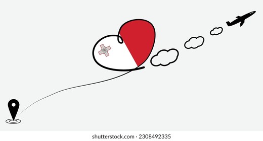 Concept love travel in Malta. Airplane line path of airplane flight route with start point icon. Malta flag in heart.