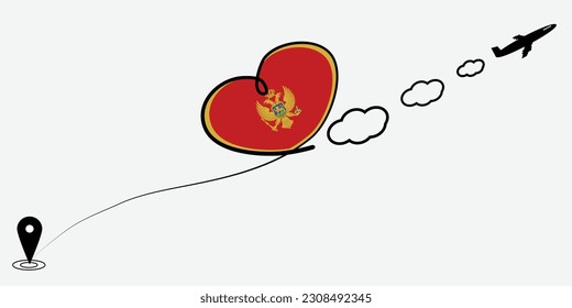 Concept love travel in Montenegro. Airplane line path of airplane flight route with start point icon. Montenegro flag in heart.