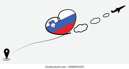 Concept love travel in Slovenia. Airplane line path of airplane flight route with start point icon. Slovenia flag in heart.