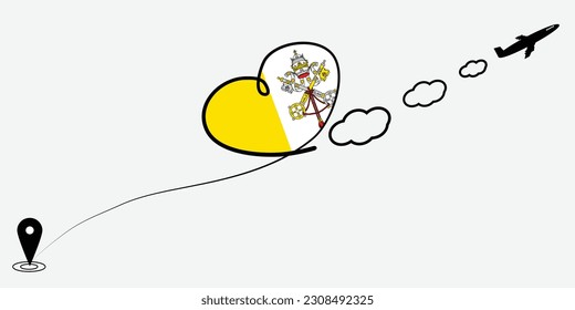 Concept love travel in Vatican City. Airplane line path of airplane flight route with start point icon. Vatican City flag in heart.