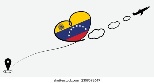 Concept love travel in Venezuela. Airplane line path of airplane flight route with start point icon. Venezuela flag in heart.