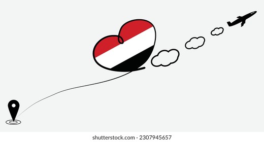 Concept love travel in Yemen. Airplane line path of airplane flight route with start point icon. Yemen flag in heart.