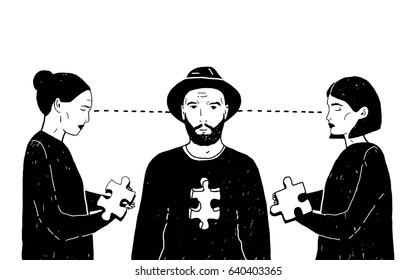 Concept of love triangle, difficult choice. Young guy and two girls with puzzle piece. Vector black and white hand drawn illustration.