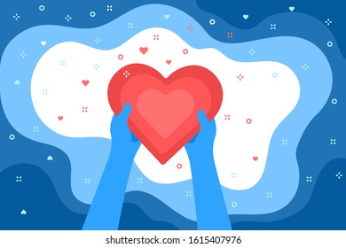 Concept of love. Two blue hands holding a big red heart on a blue background. Valentine day. Love and relationship. Flat design, vector illustration.