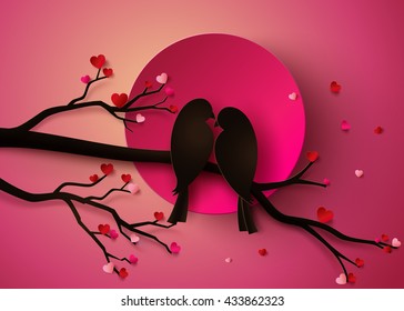 concept of love and valentine day,  Birds perched on a branch of a tree in spring season .paper art style.