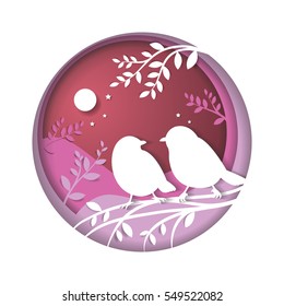 concept of love and valentine day, Birds perched on a branch of a tree.paper art style.