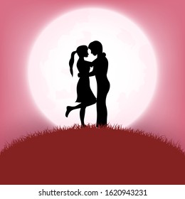 Concept of love and valentine day , Love couple hugging under light of the moon, Vector illustration