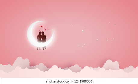 Concept Of Love And Valentine Day ,Couples Sit On Crescent Moon. Paper Art 3D From Digital Art And Craft.