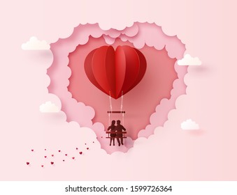 Concept Of Love And Valentine Day ,Couples Sit On Swing Floating On The Sky With Hot Air Balloon Heart Shape. Paper Art Collage Style.