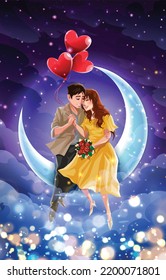 Concept Of Love And Valentine Day ,Couples Sit On Crescent Moon. Valentines Day Concept With Couple Sitting And Hugging By The Moon Vector.