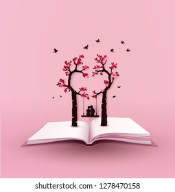 concept of love and valentine day with heart tree and cuple on the book, paper art 3d from digital craft.