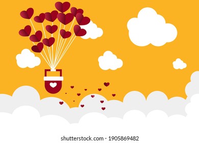 concept of love and valentine day. heart balloon flying in yellow sky.