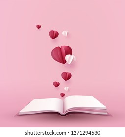 Concept Of Love And Valentine Day With Hot  Heart Shape Over The Book, Paper Art 3d From Digital Craft.