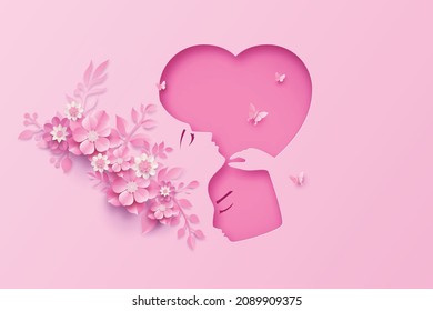 Concept of love and Valentine day with a lover hugging, Paper cut style