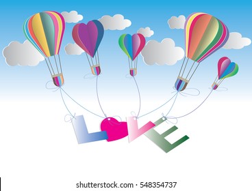concept of love and valentine day, origami made hot air balloon in a heart shape . paper art and craft style.