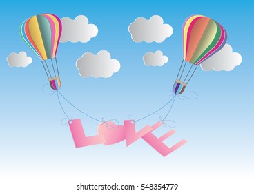 concept of love and valentine day, origami made hot air balloon in a heart shape . paper art and craft style.