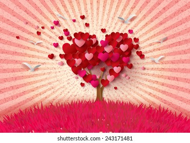 concept of love and valentine day ,the tree with heart leaves in spring season.paper art style.