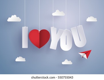 Concept of  love and Valentine day,message hang on the sky , Paper art and craft style.