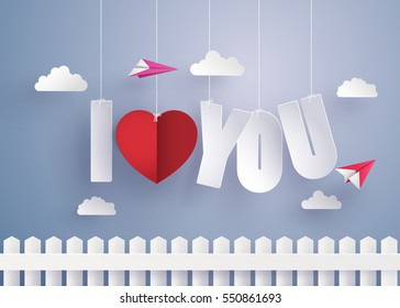 Concept of  love and Valentine day,message hang on the sky , Paper art and craft style.