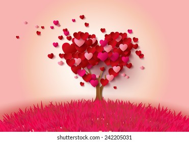 Concept Of Love And Valentine Day,the Tree With Heart Leaves In Spring Season.paper Art Style.