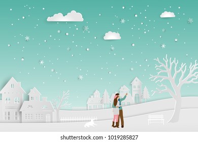 Concept of love in winter season,couple standing on snow with urban countryside landscape,vector illustration for Valentine's Day,Happy new year or Merry christmas,paper art and craft style