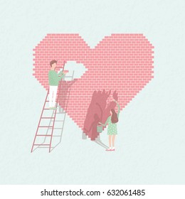 Concept "love is work". Couple in love build relationships. Cute guy and girl on the  background of brick heart. Vector cartoon illustration.