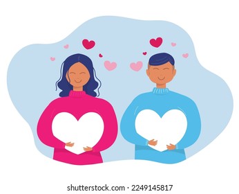 Concept of love young man and woman hold heart. Valenine day. Love and relationship  Flat vector illustration