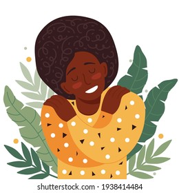 Concept Of Love Yourself, Care, Acceptance, Healthy Lifestyle. African American Woman With Closed Eyes Smiles And Hugs Herself. Body Positive And Mental Health. Happy Female Cartoon Character